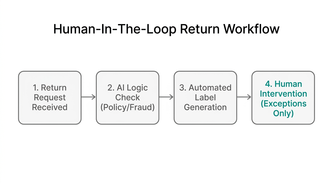 Step-by-step logic for processing Shopify returns with AI and human oversight.