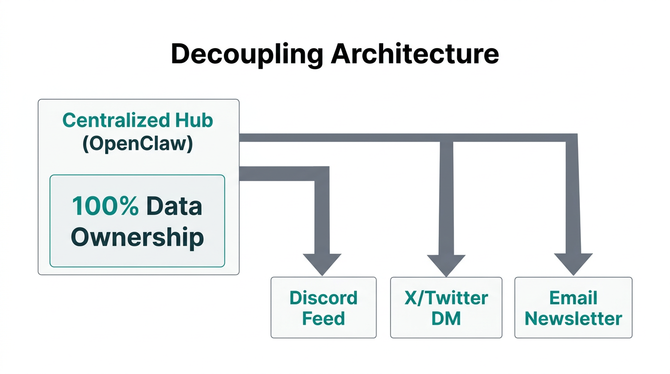 Structural diagram showing how OpenClaw decouples community from single-platform dependence.
