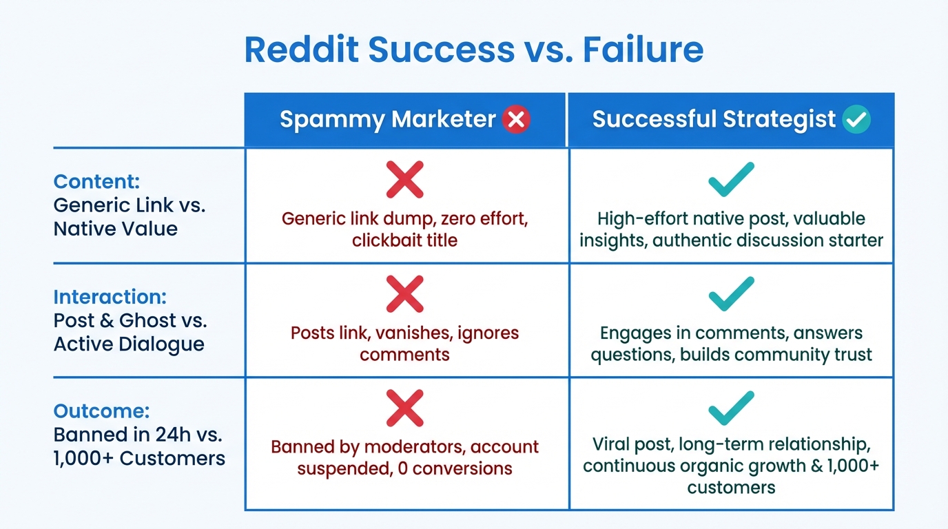 Comparison of failing spam tactics versus successful Reddit marketing strategies.