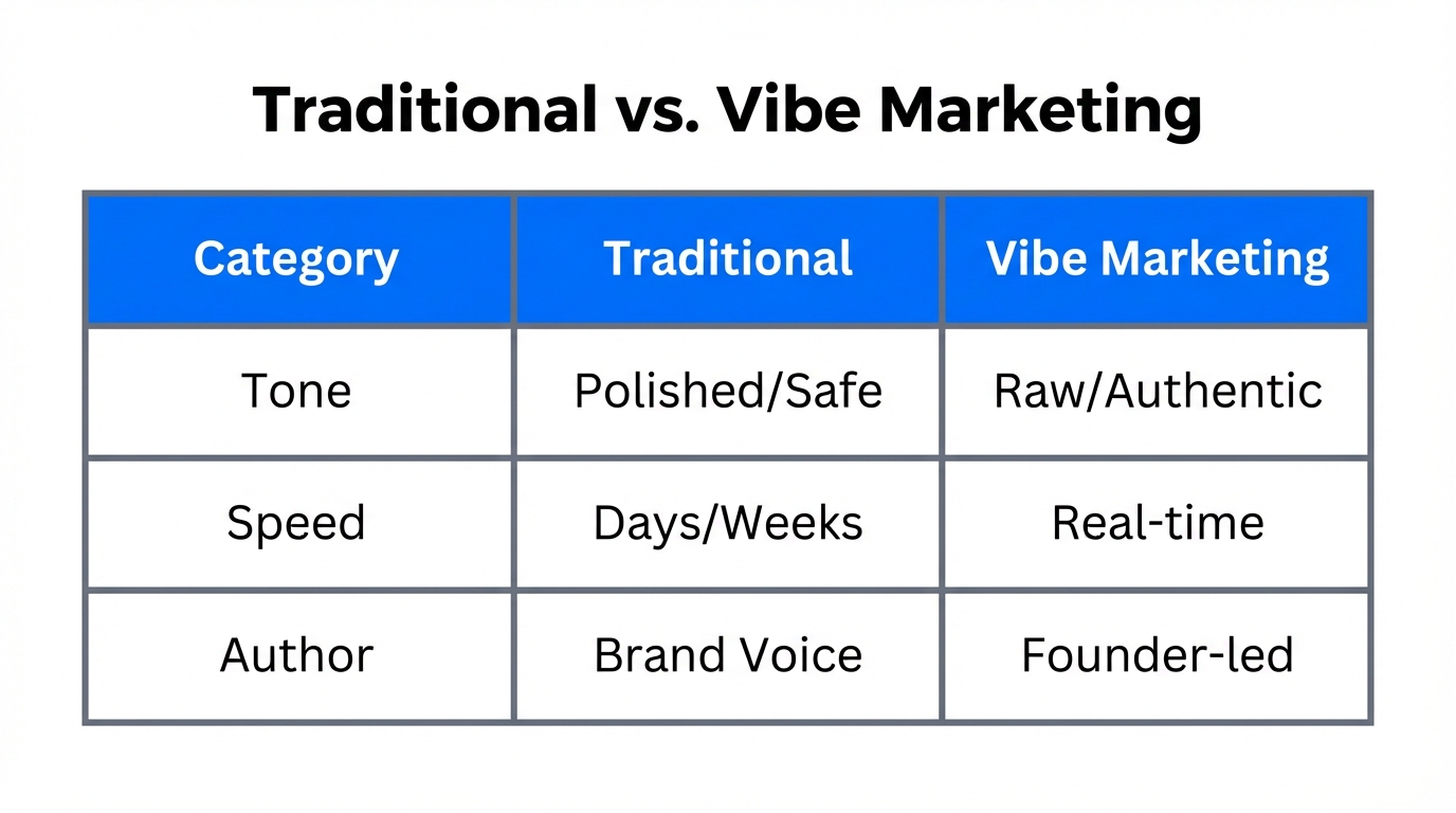 Key differences between traditional corporate messaging and modern vibe marketing.