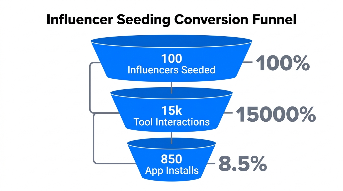 Conversion funnel showing the impact of influencer seeding on app downloads.