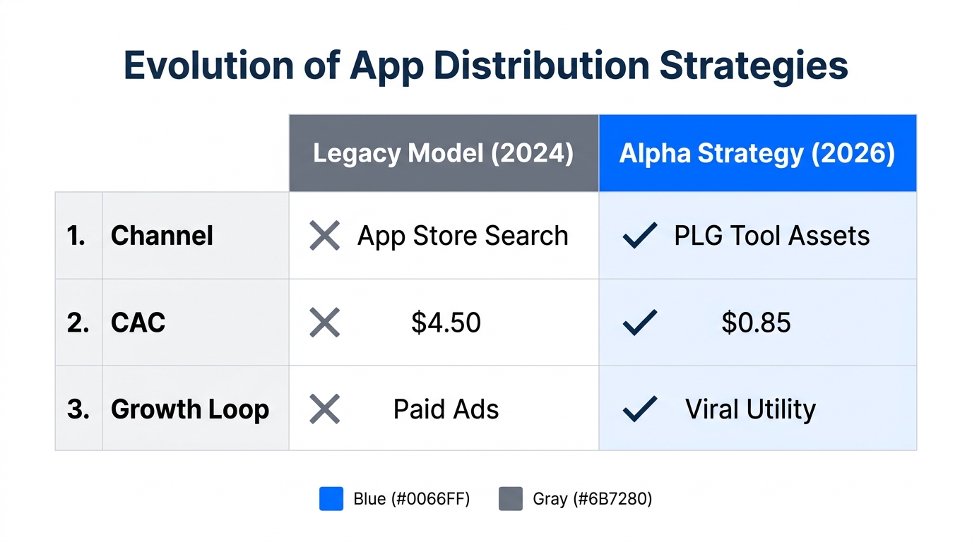 Comparison of traditional app distribution versus the 2026 Alpha strategy.
