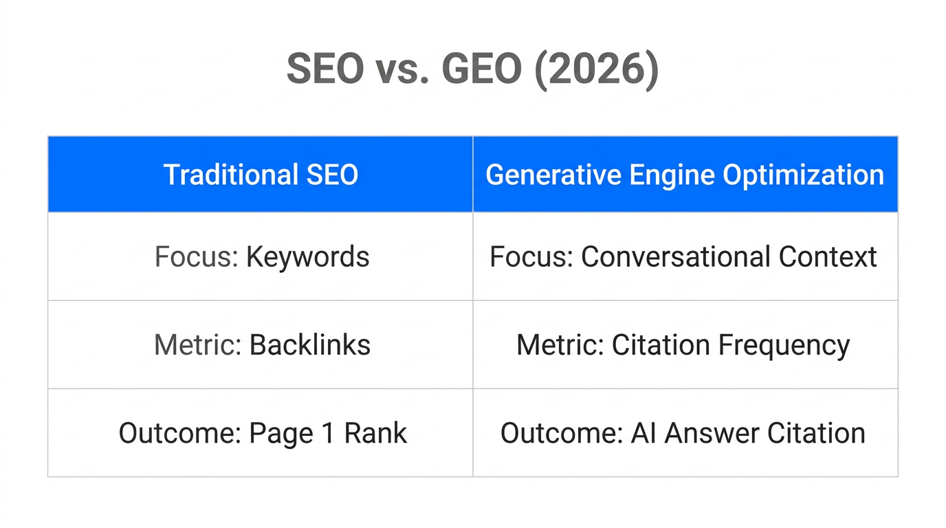 Comparison of traditional SEO metrics versus 2026 Generative Engine Optimization.