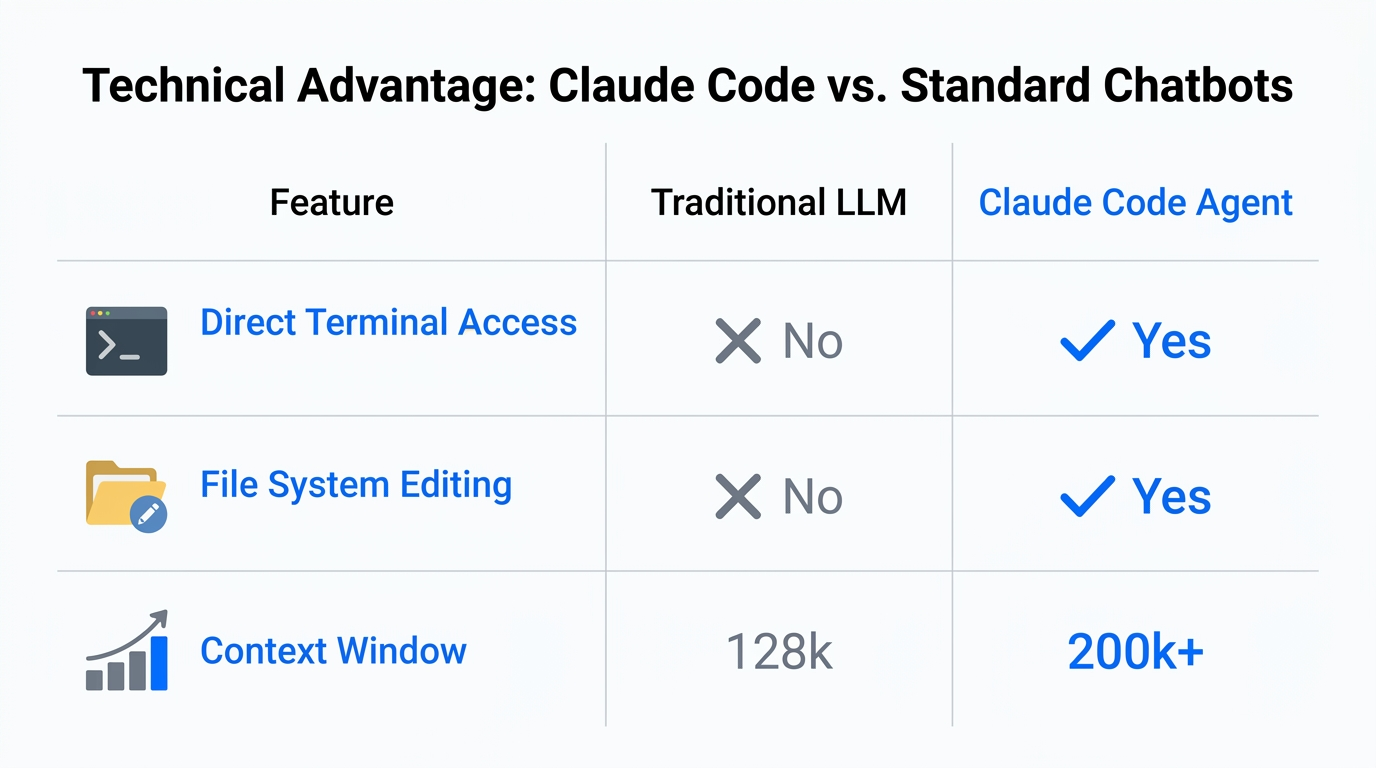 A comparison of Claude Code capabilities against traditional LLM models.