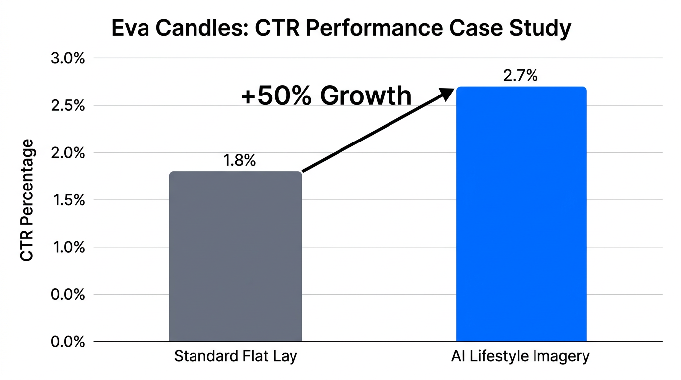 Case study data showing a 50% CTR boost with AI imagery.