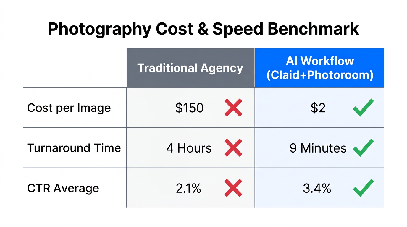 Comparison of cost, time, and performance: Traditional vs. AI workflow.