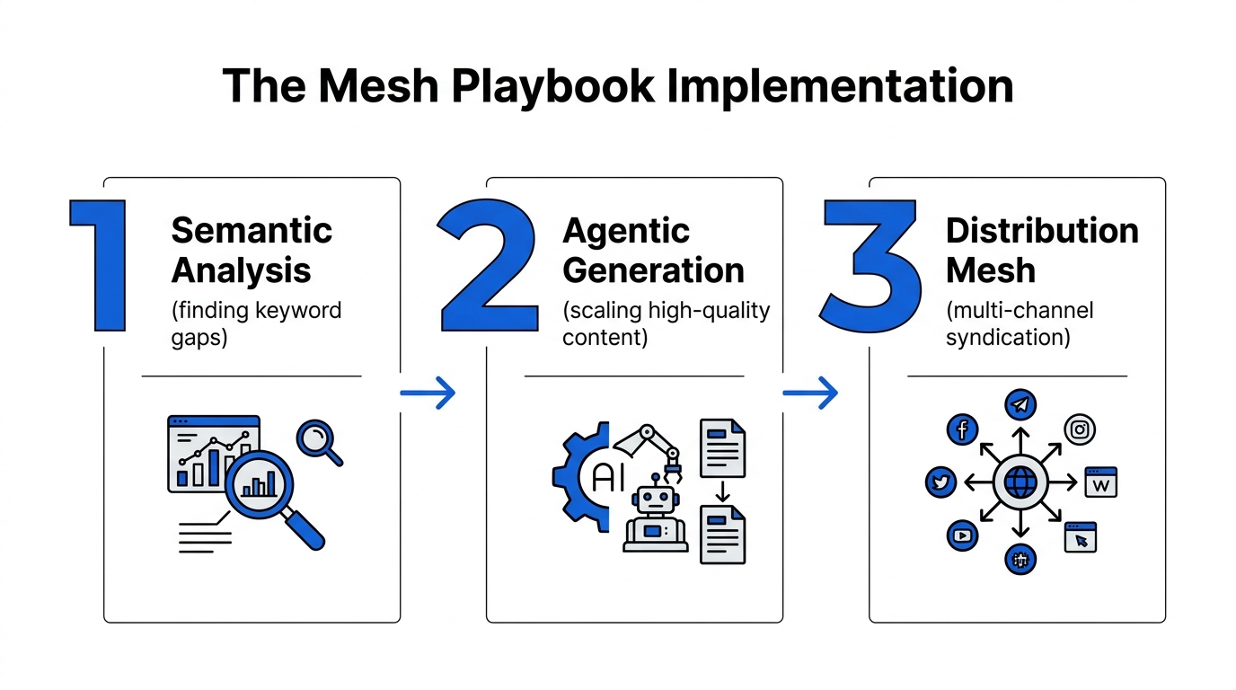 Three-step process for implementing the Mesh Playbook content strategy.