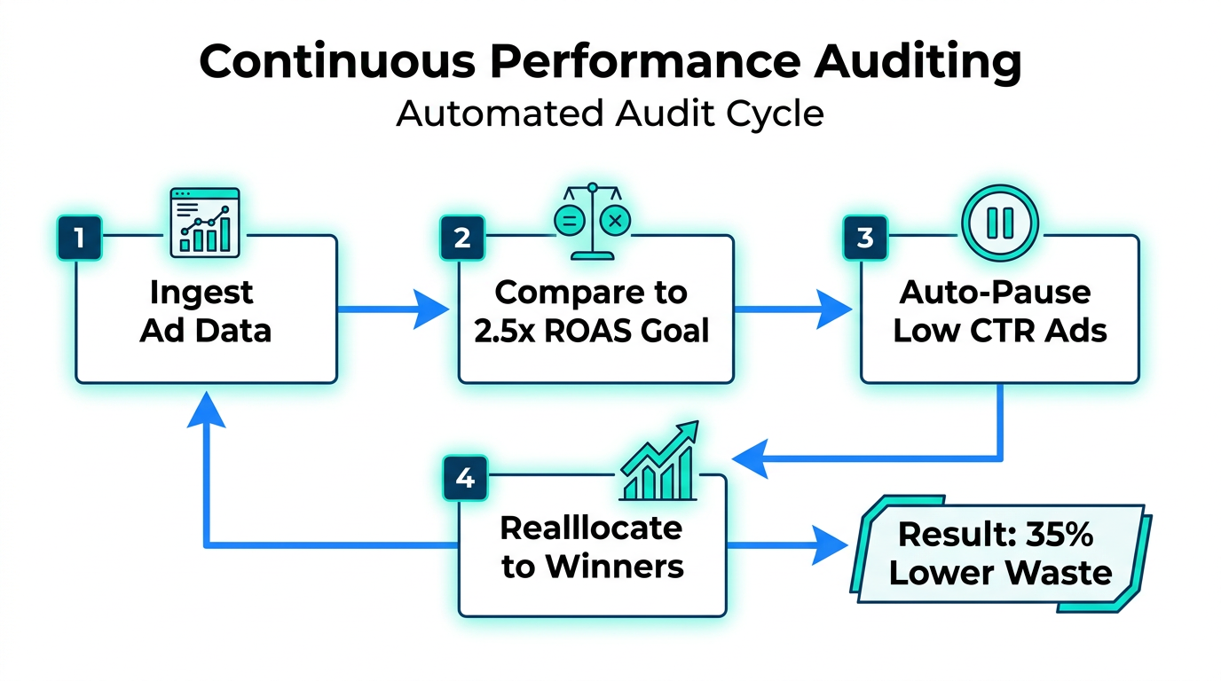 The automated workflow for detecting and pausing underperforming marketing assets.