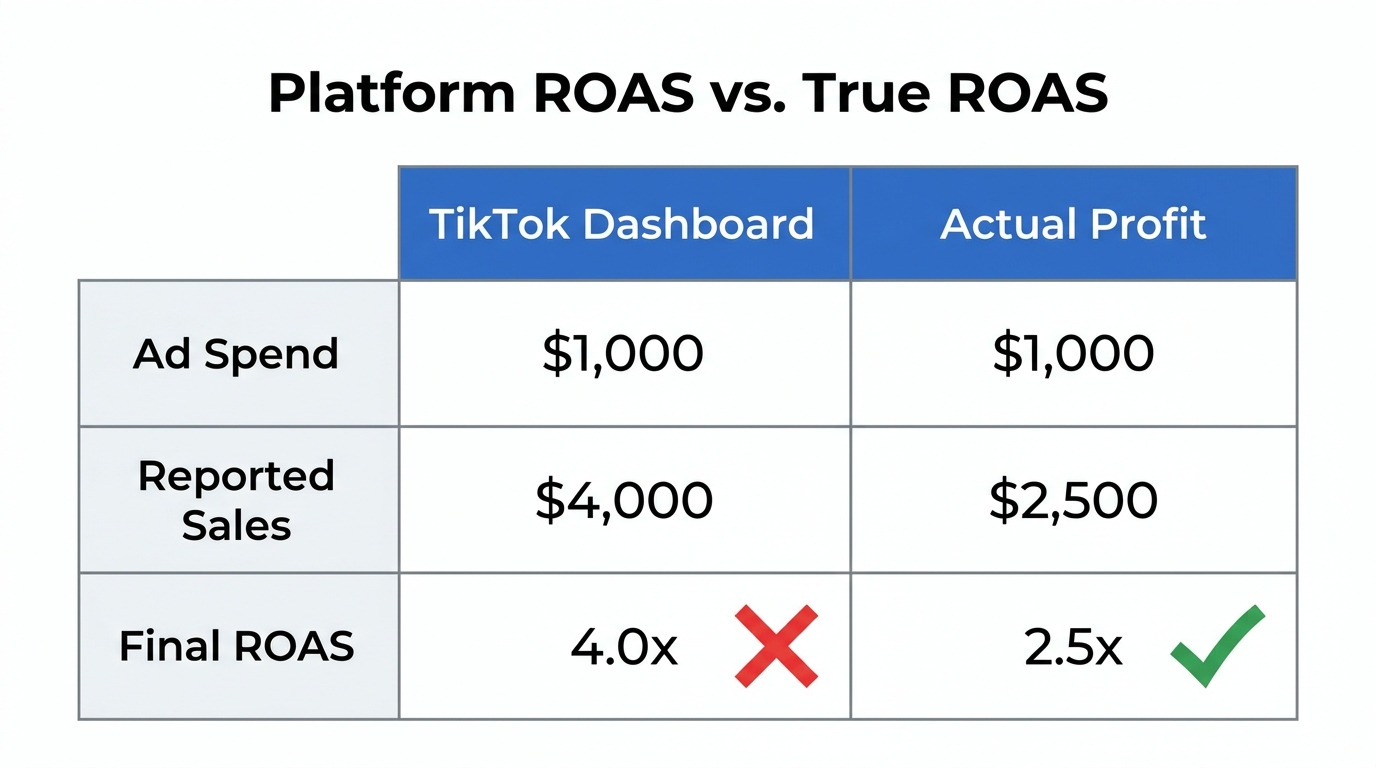 Comparison between platform-reported ROAS and actual business net profit.