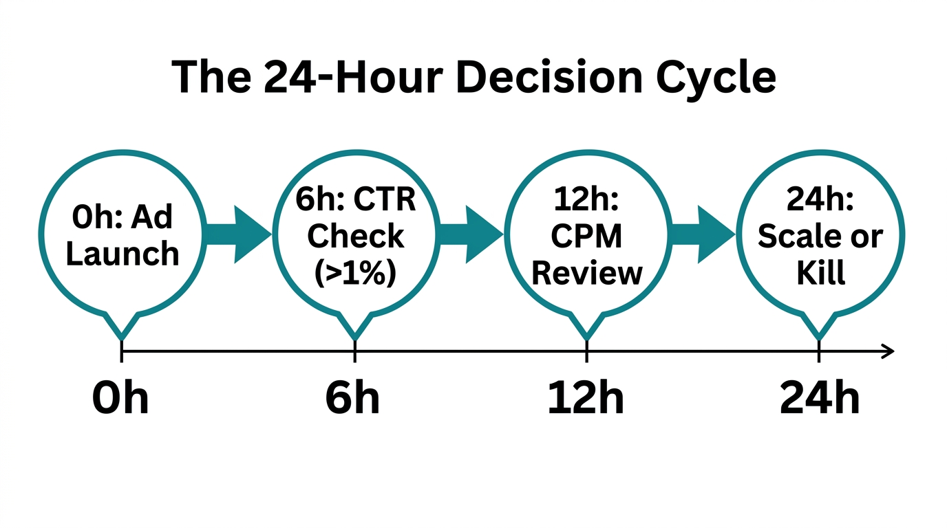 The 24-hour step-by-step decision framework for ad optimization.