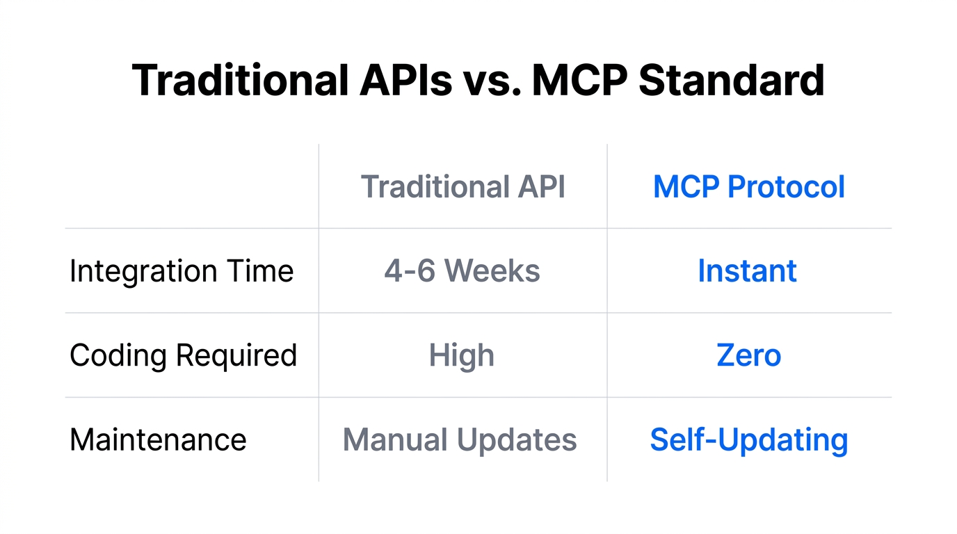 Comparison between traditional API integrations and the MCP standard approach.