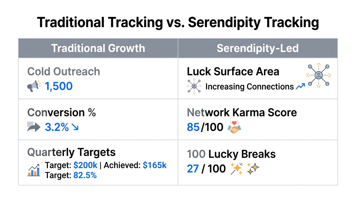 Comparison of traditional growth metrics versus serendipity-focused KPIs.