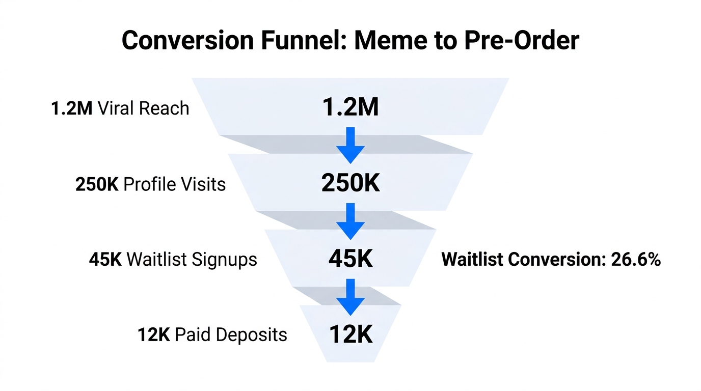 Conversion metrics showing how viral reach translates into paid waitlist demand.
