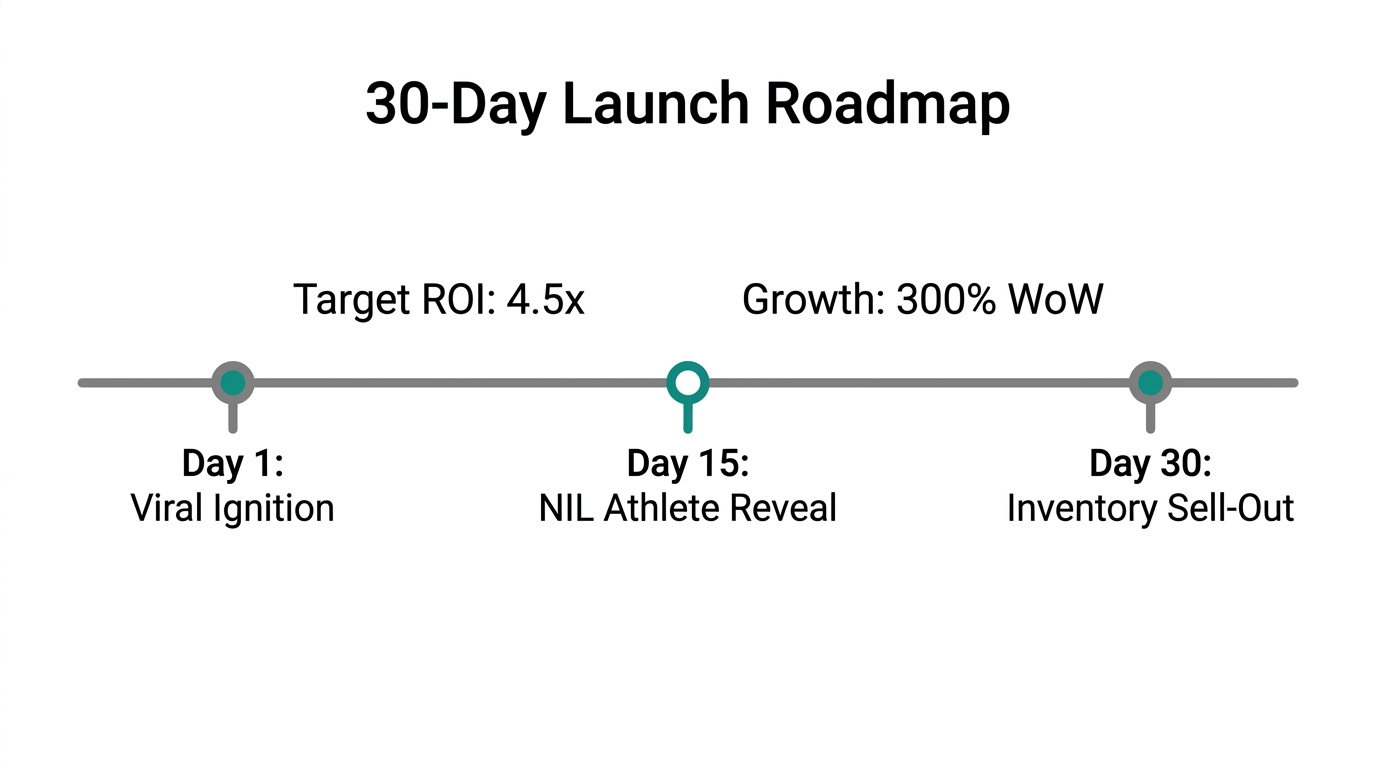 A 30-day timeline summarizing the viral brand launch milestones.