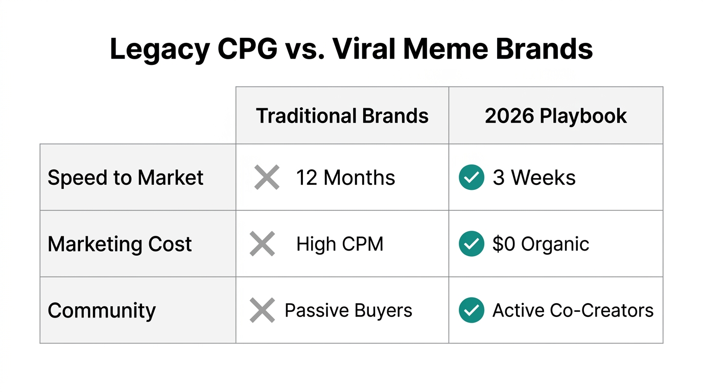 Comparison of traditional brand building versus the modern meme-to-commerce model.
