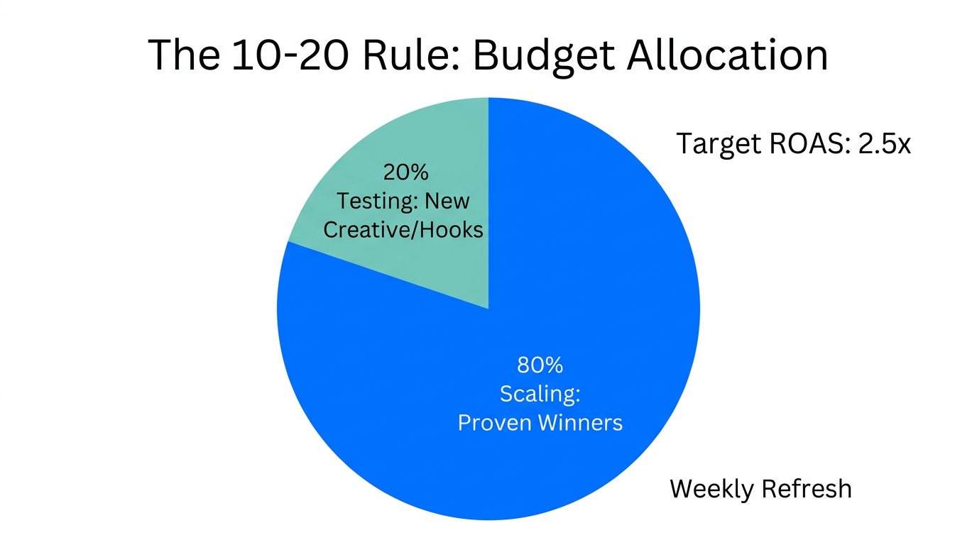 Optimal budget distribution between scaling winners and testing new creative concepts.