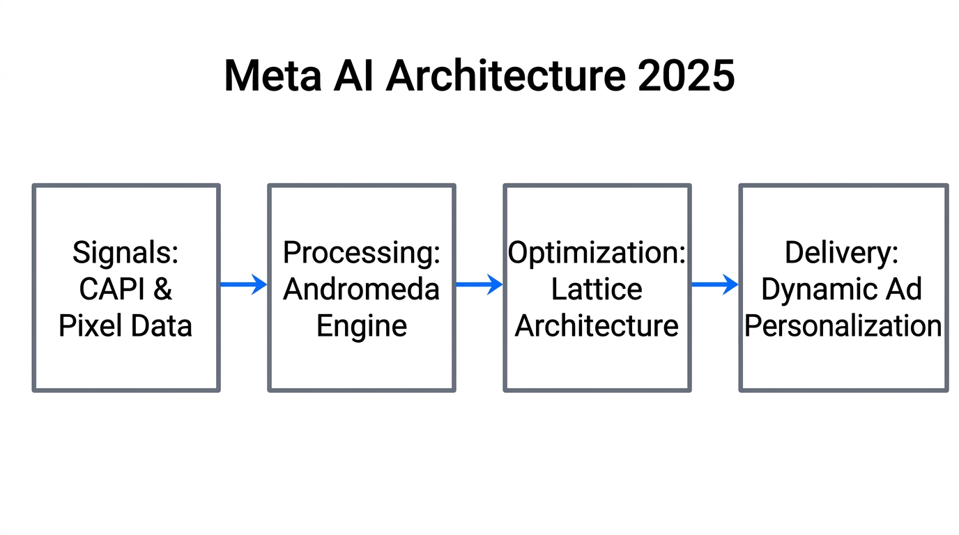 Workflow of Meta's AI architecture from signal input to ad delivery.