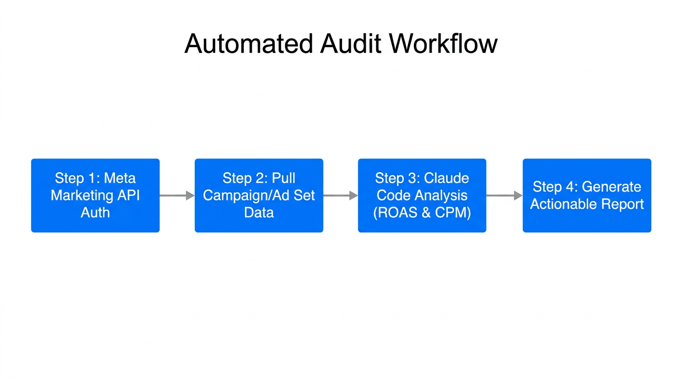 Workflow of an automated Meta Ads performance audit using Claude Code.
