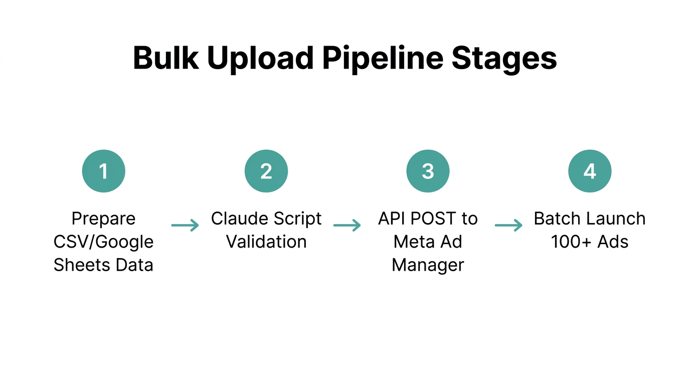 Four-stage pipeline for bulk uploading Meta Ads via automated scripts.