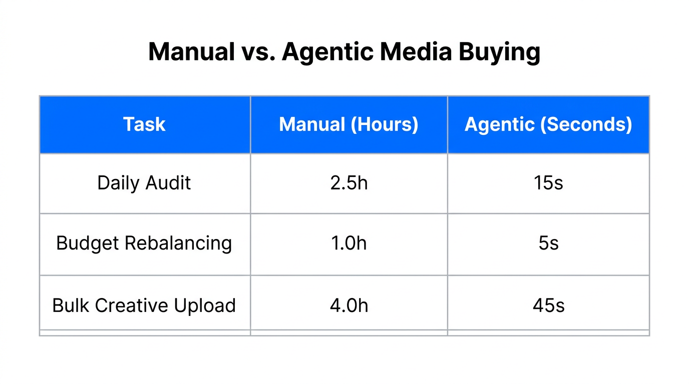 Efficiency comparison showing time savings with agentic media buying automation.