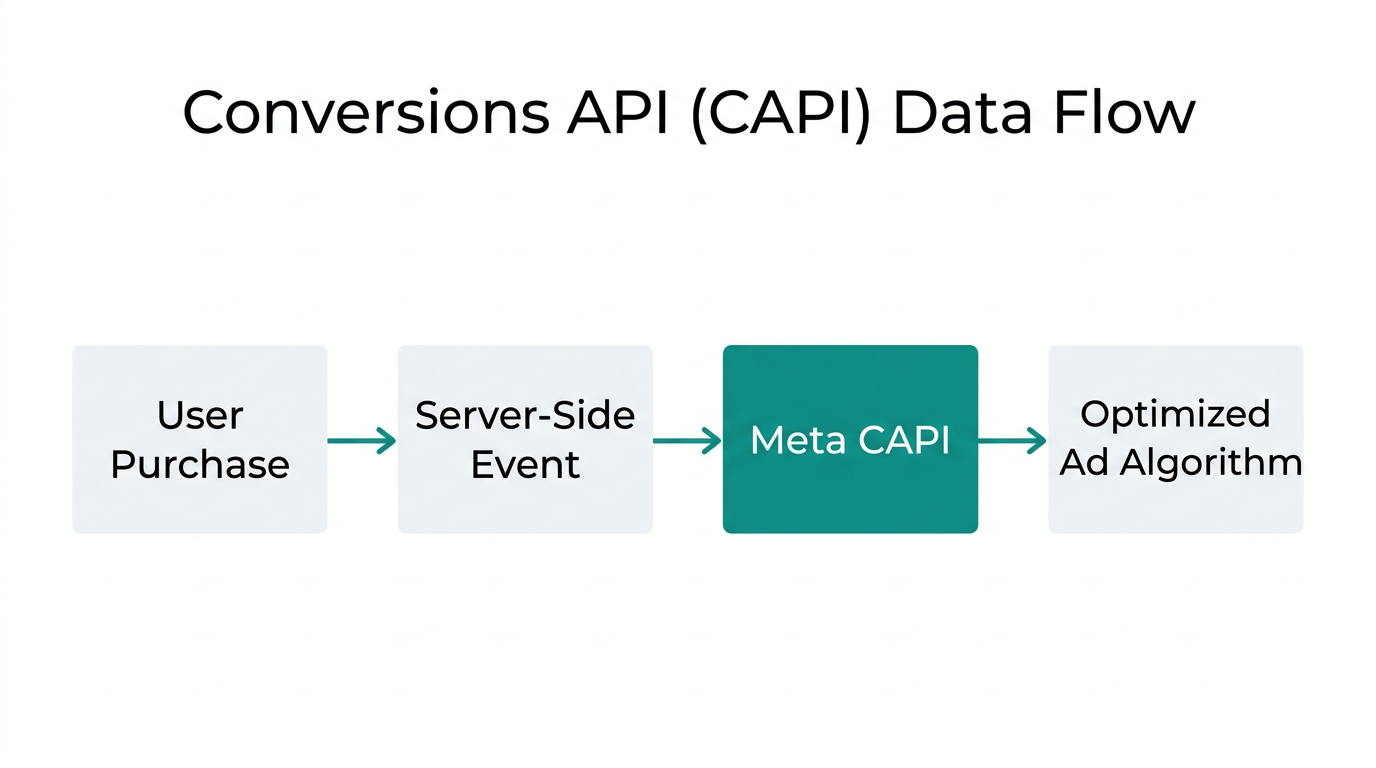 The technical workflow of sending server-side signals via Meta CAPI.