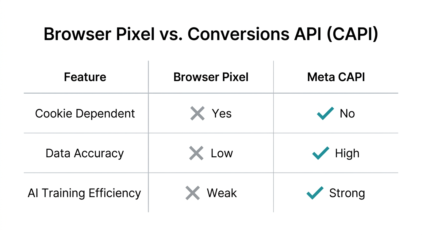 Comparison of browser-based tracking versus server-side Conversions API.
