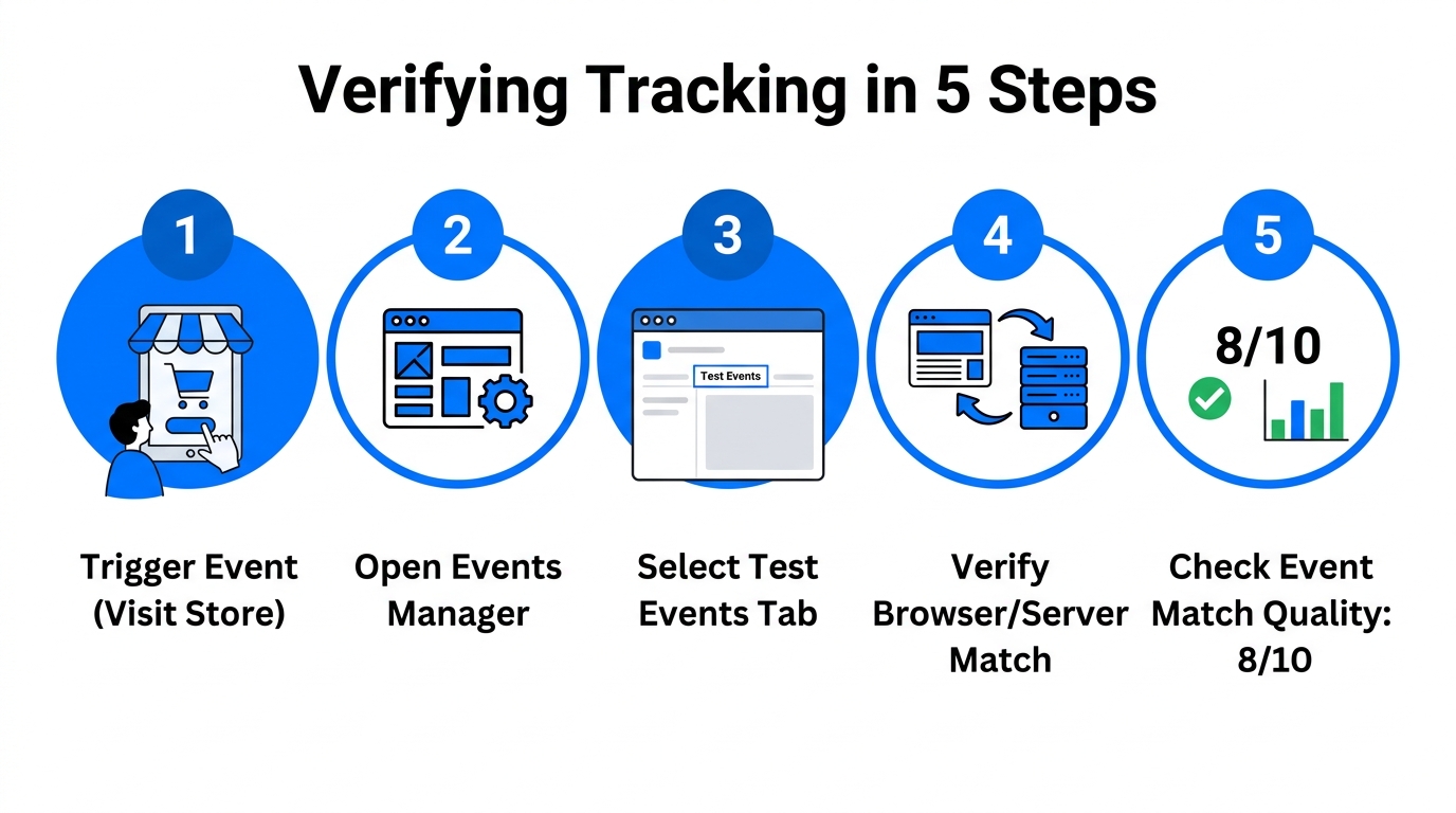 Visual checklist for testing and verifying Meta Pixel and CAPI events.