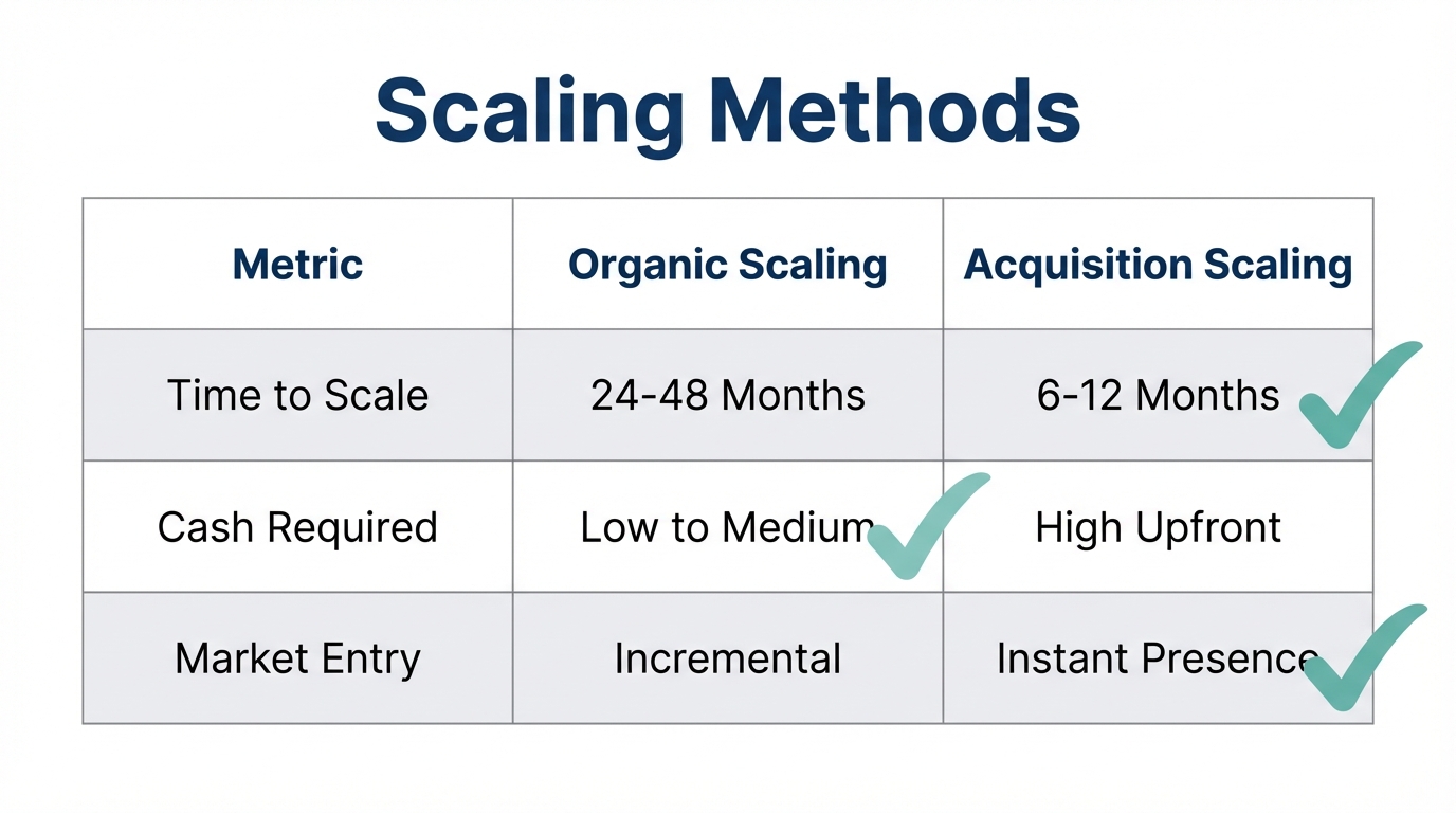 Comparing organic agency growth versus growth through strategic acquisitions.