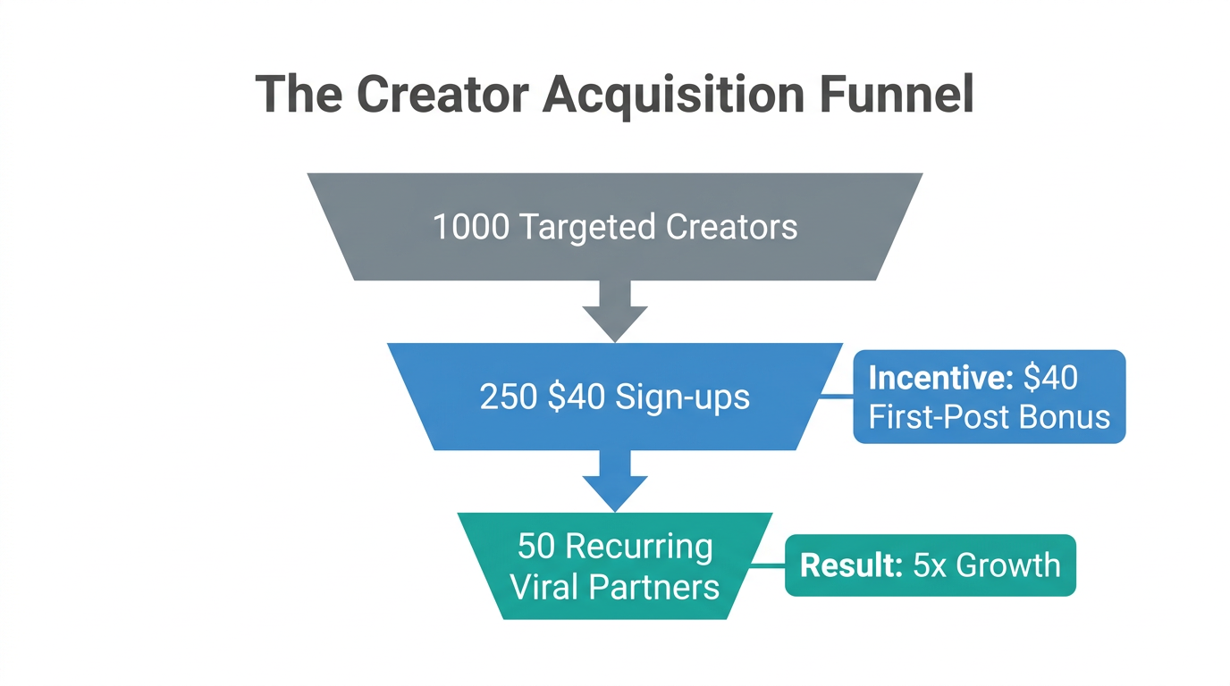 Funnel showing creator conversion from cold outreach to viral partners.
