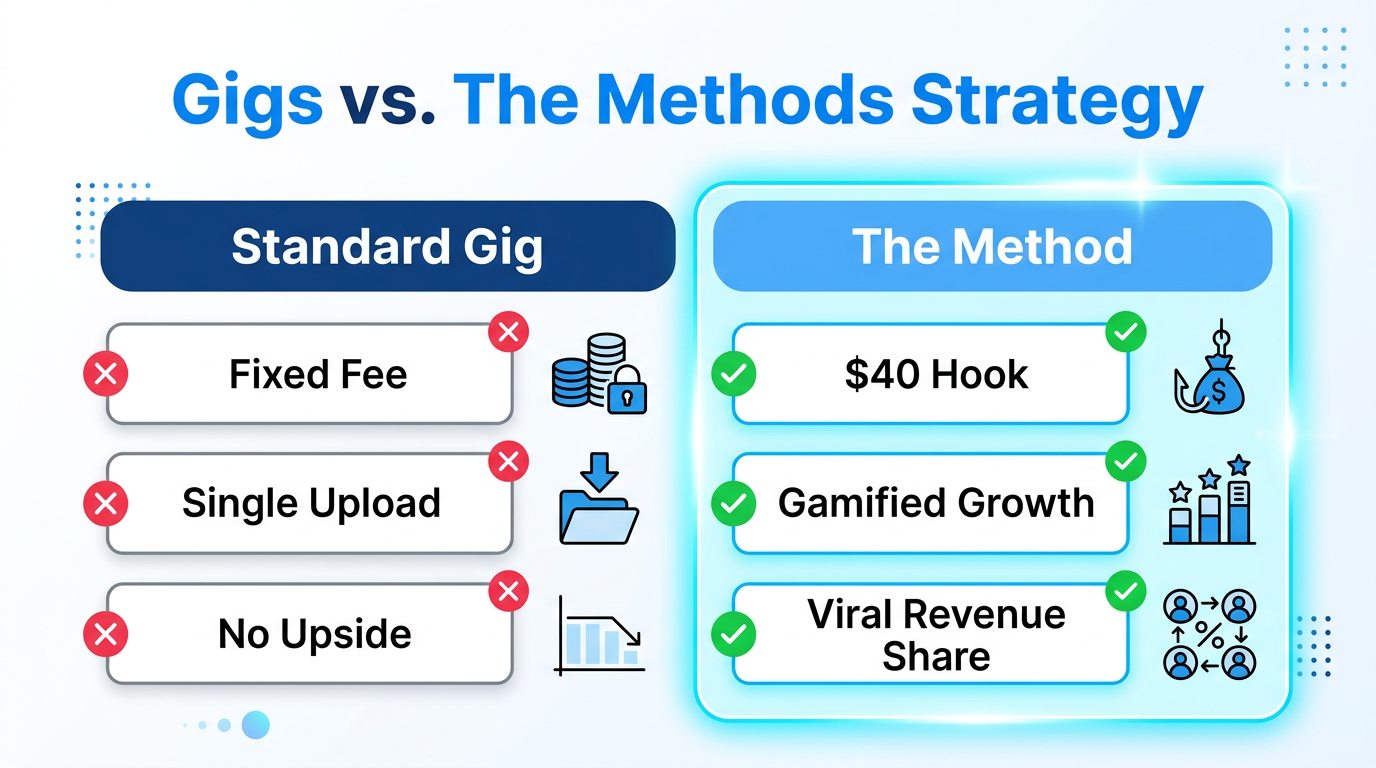 Comparison of traditional creator gigs versus the gamified Methods Strategy.