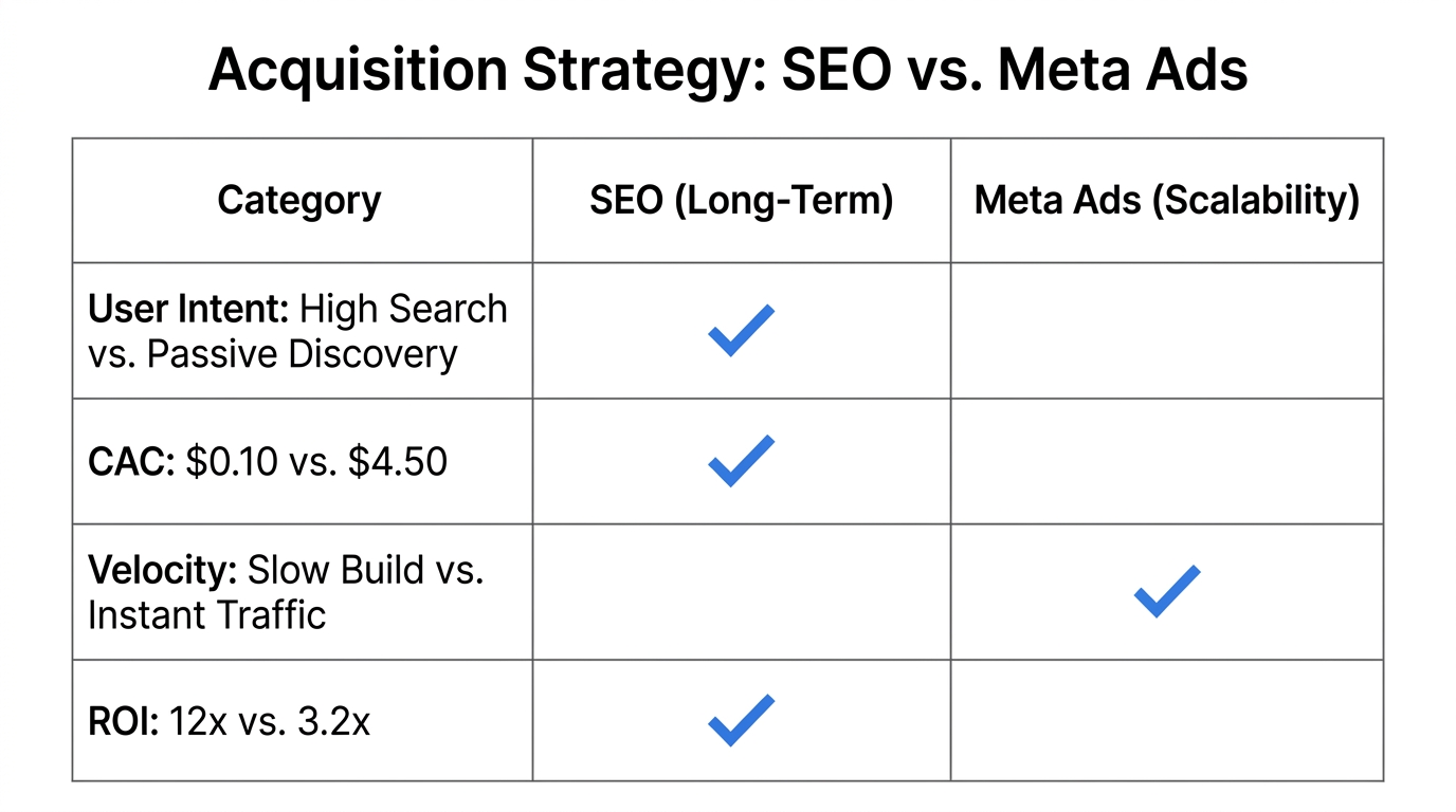 Performance metrics comparison between organic search and paid social ads.