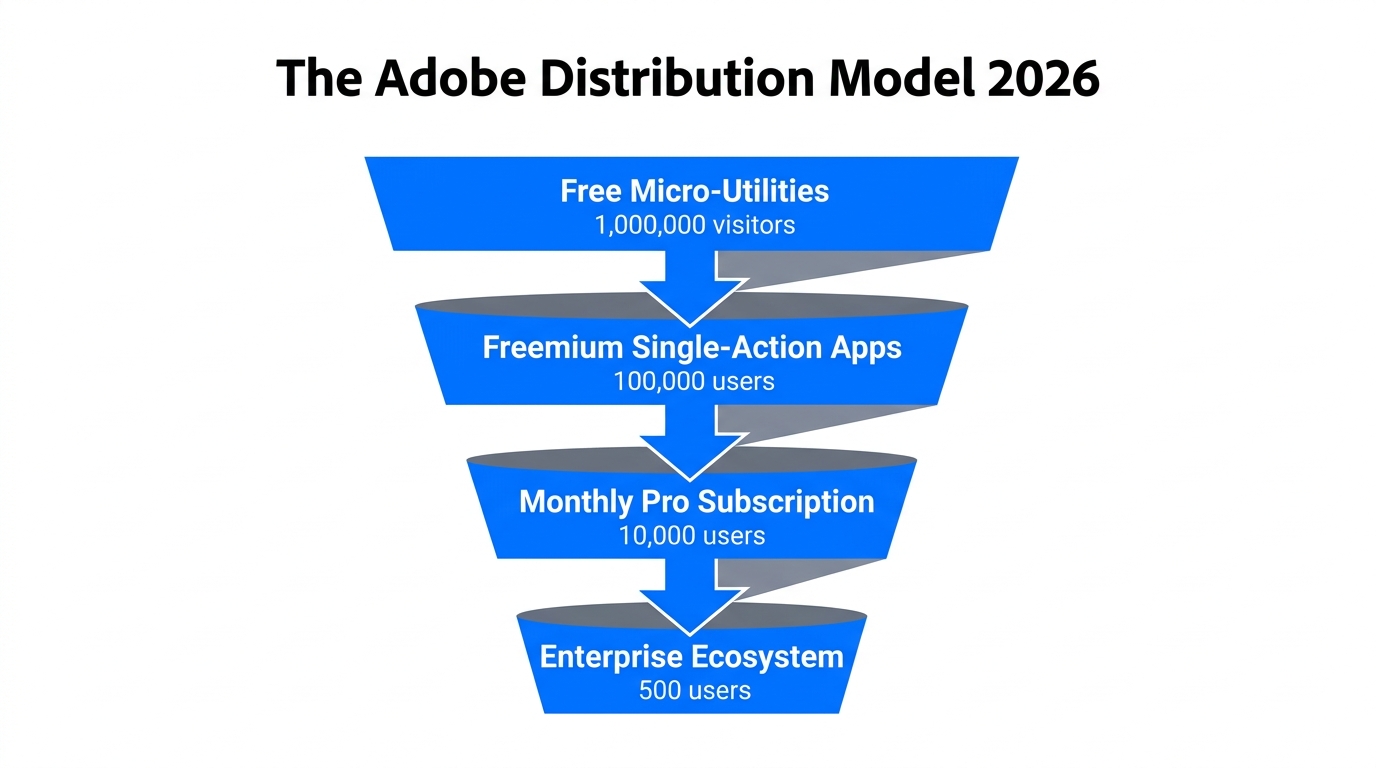 Conversion funnel mapping free utility traffic to paid ecosystem users.