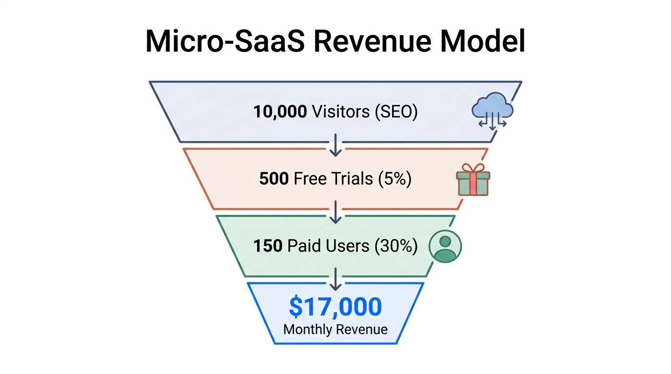 The conversion funnel and revenue breakdown for a $17K/month SaaS.