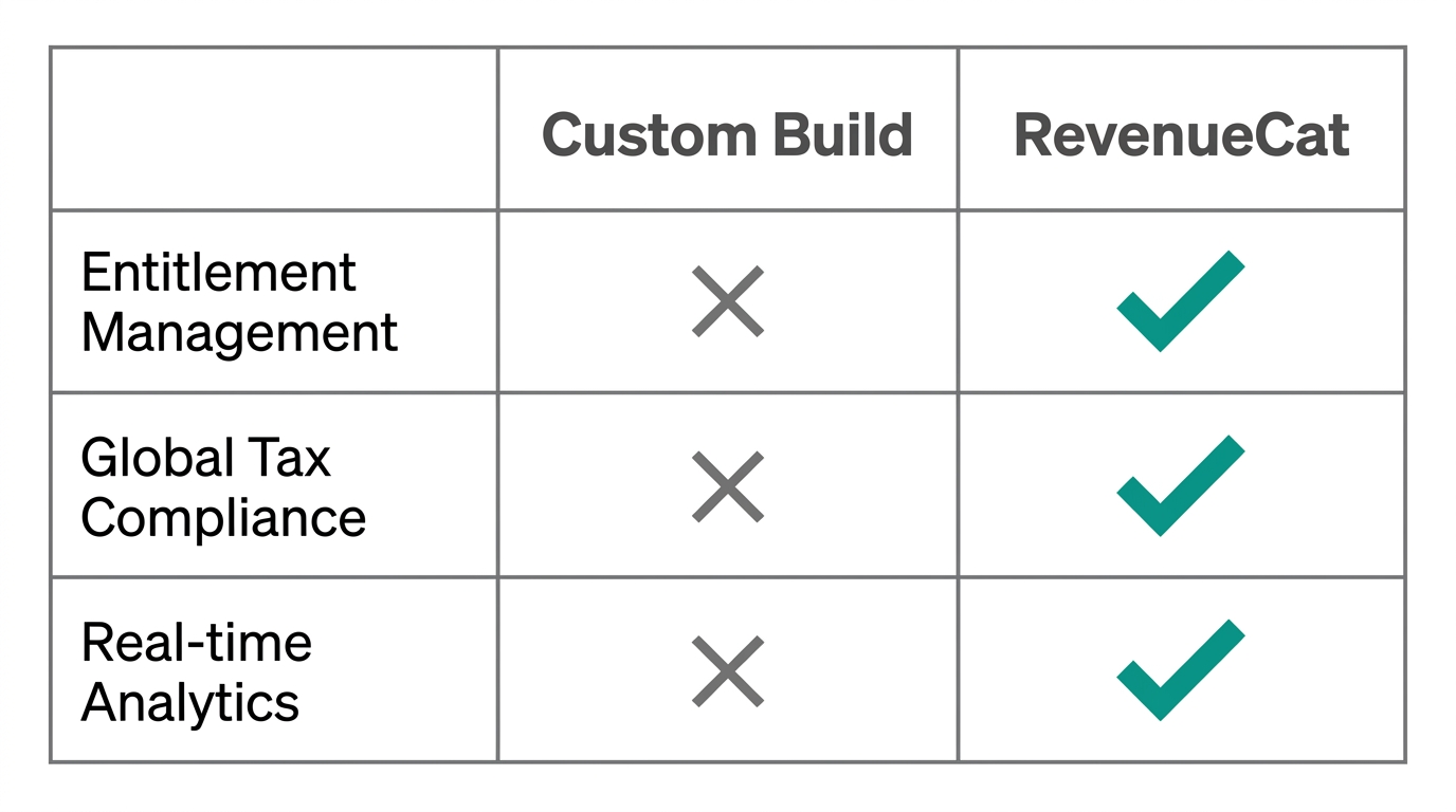 Comparing custom payment infrastructure against the RevenueCat platform.