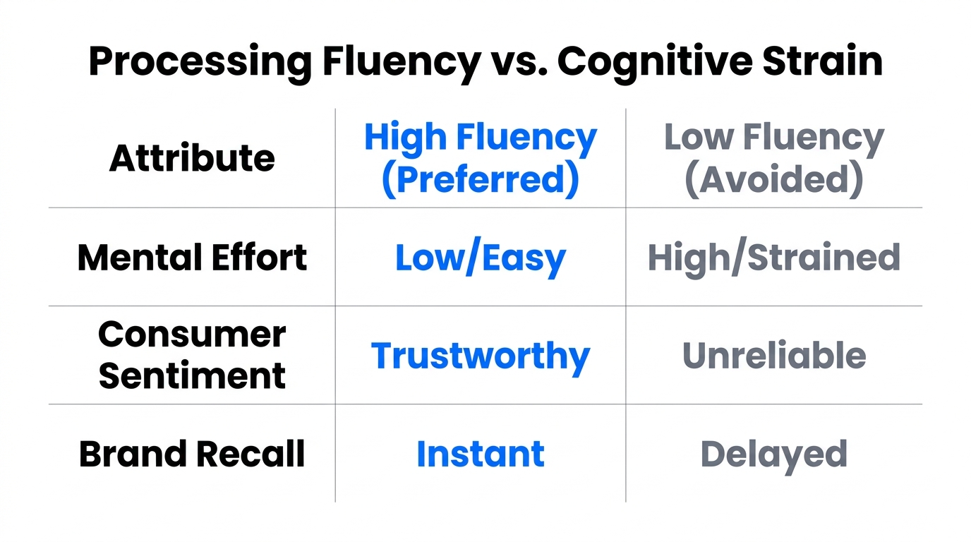 Comparison between processing fluency and cognitive strain in consumer psychology.