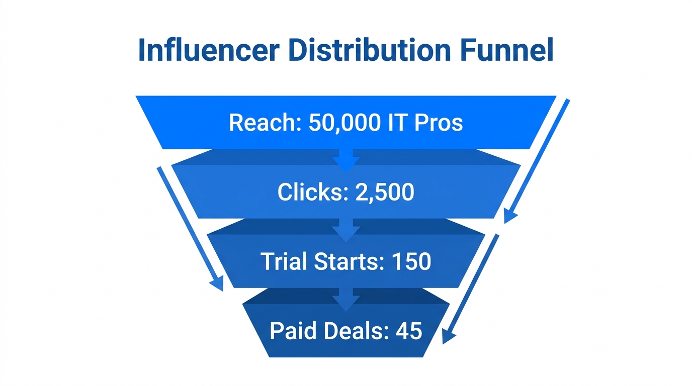 Conversion funnel showing lead flow from niche influencer marketing.