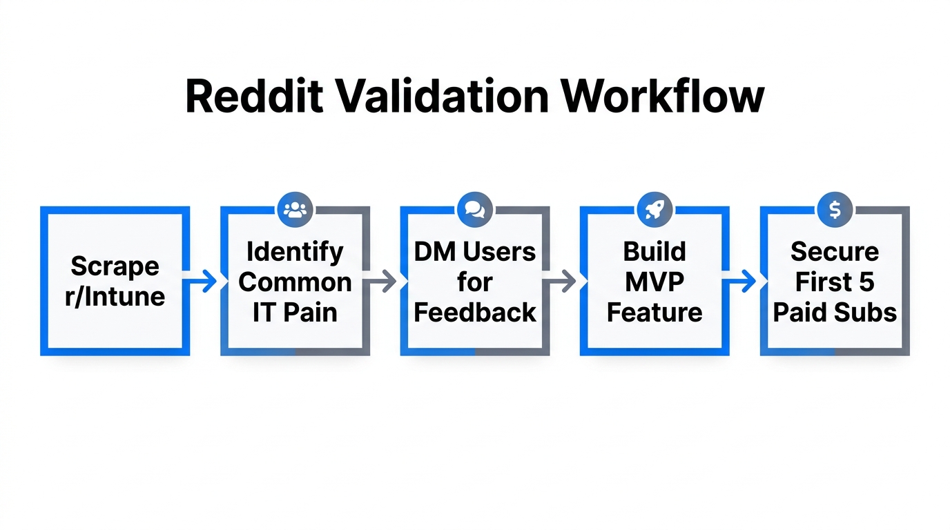 Step-by-step workflow for validating SaaS ideas using Reddit communities.