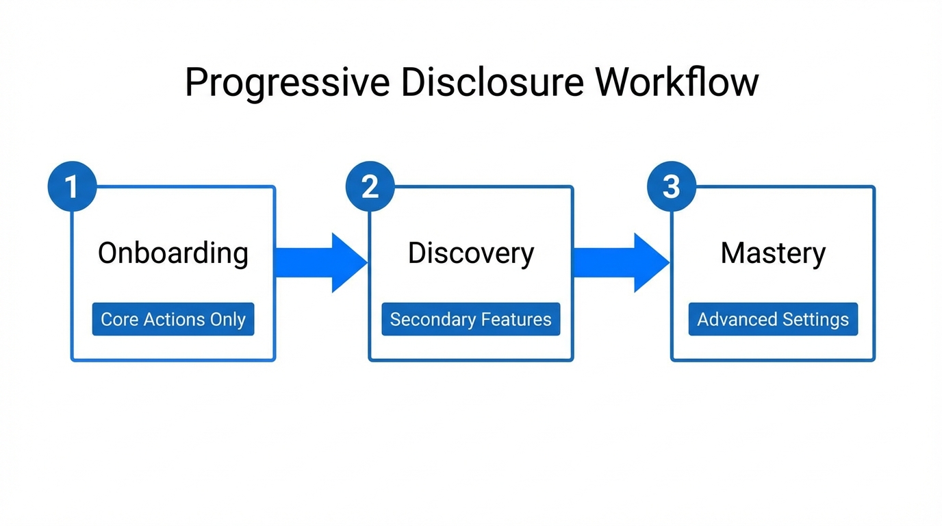 Step-by-step strategy for reducing cognitive load through progressive disclosure.