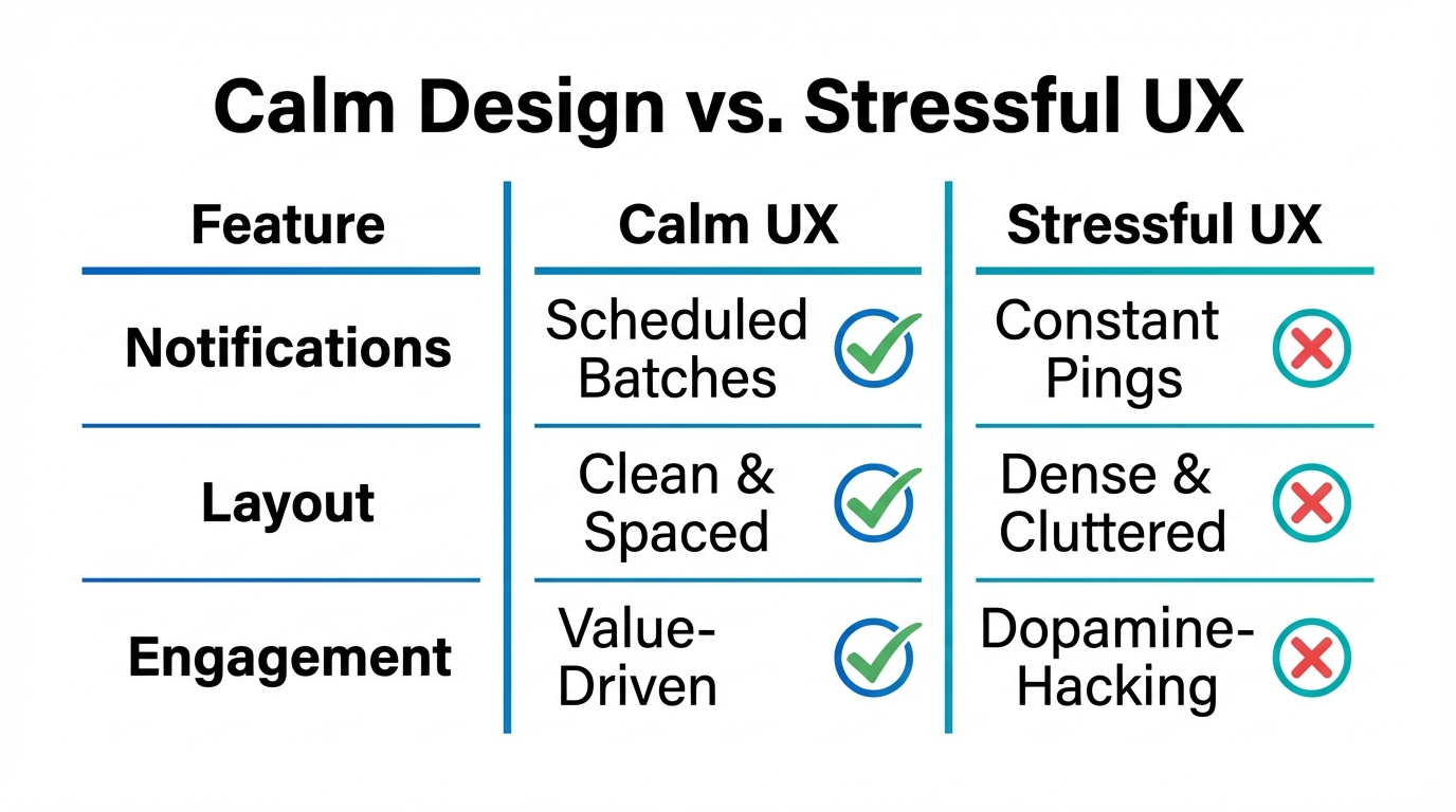 A direct comparison of calm versus high-stress user experience design.