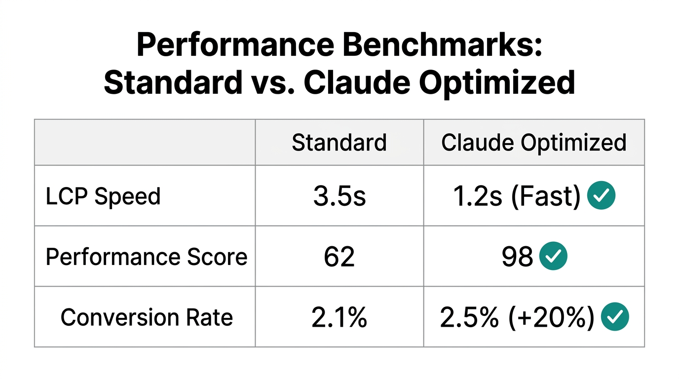 Comparison of web vitals and conversion metrics after AI optimization.