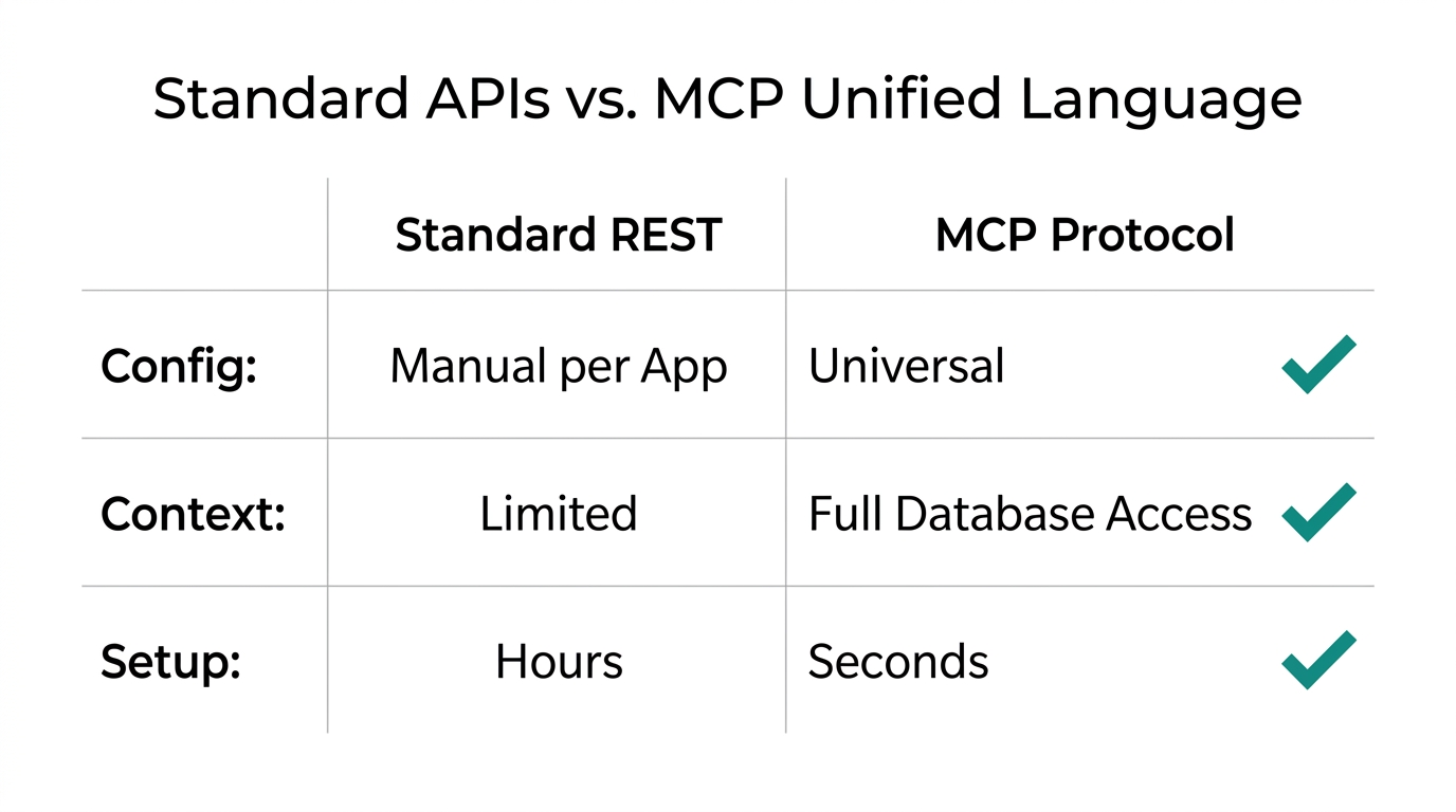 Key differences between traditional API integrations and the MCP protocol.