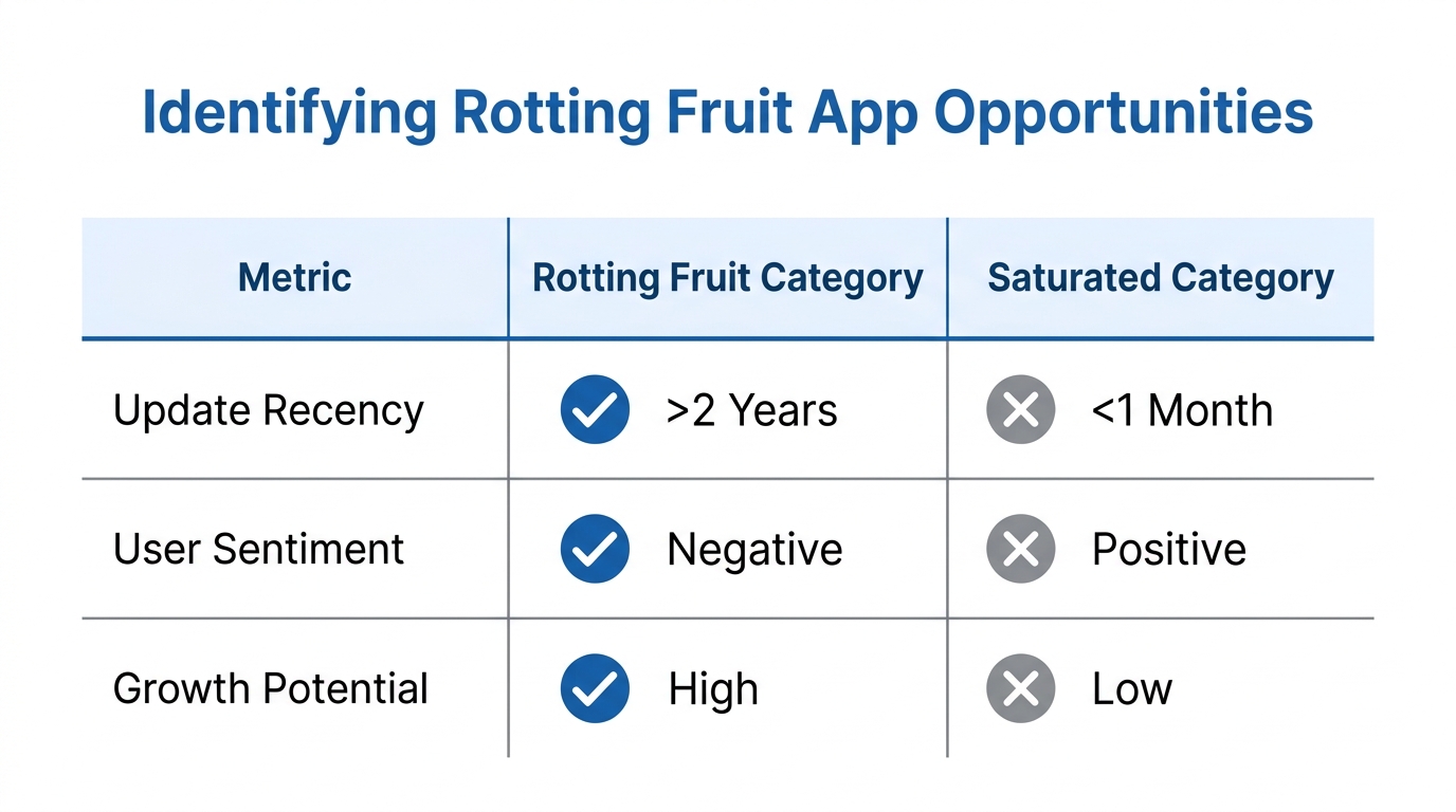 Comparison criteria for identifying underserved 'rotting fruit' app categories.