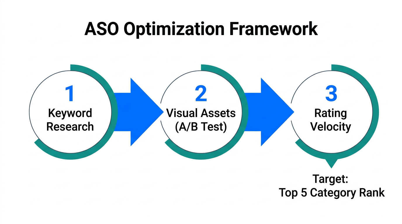 Three-step framework for App Store Optimization and keyword ranking.