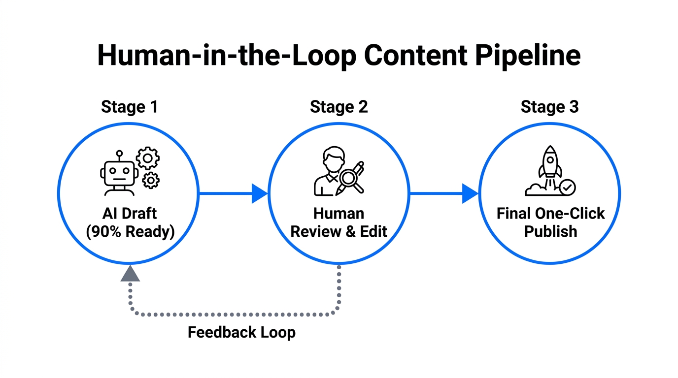 A hybrid workflow combining AI generation with human editorial oversight.