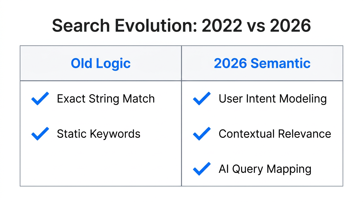 Comparison of traditional keyword matching versus 2026 semantic indexing logic.