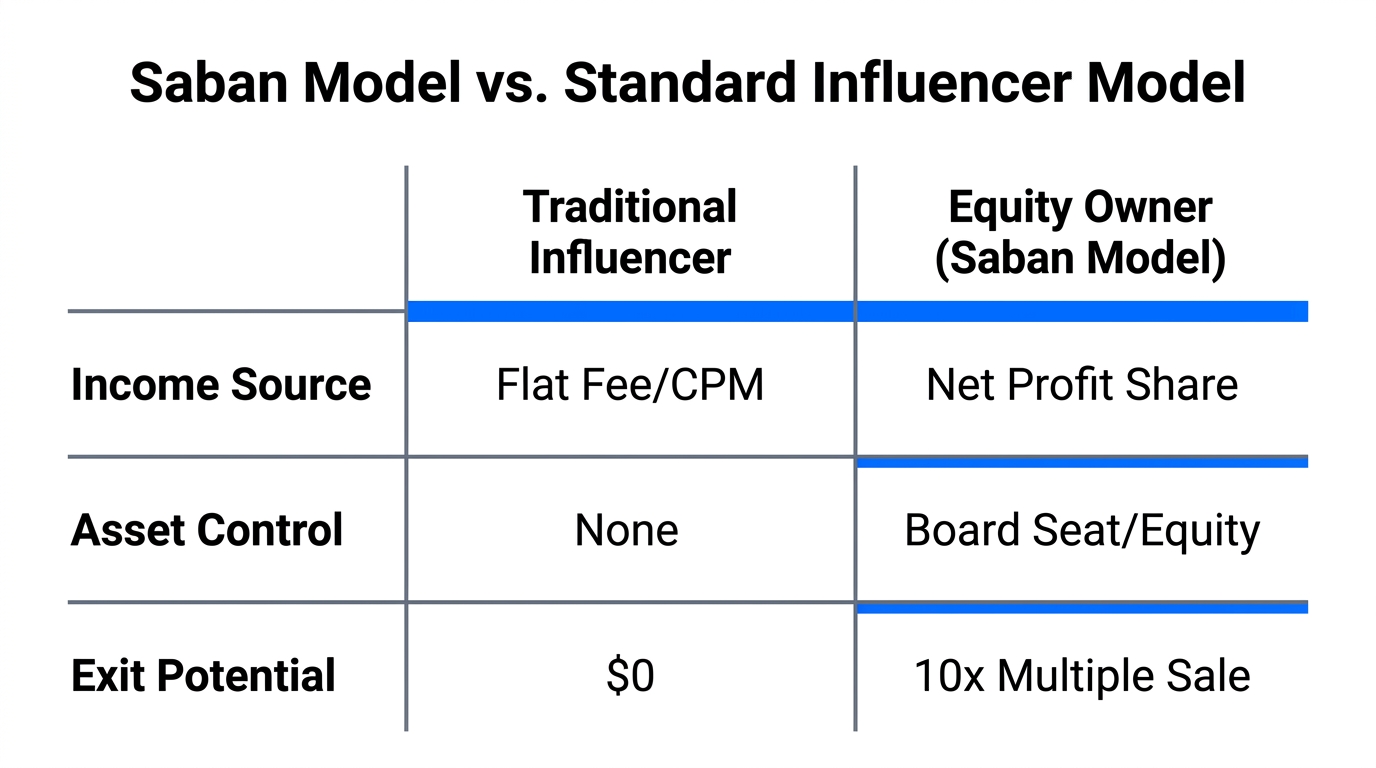 Comparison between traditional brand deals and the Saban equity partnership model.