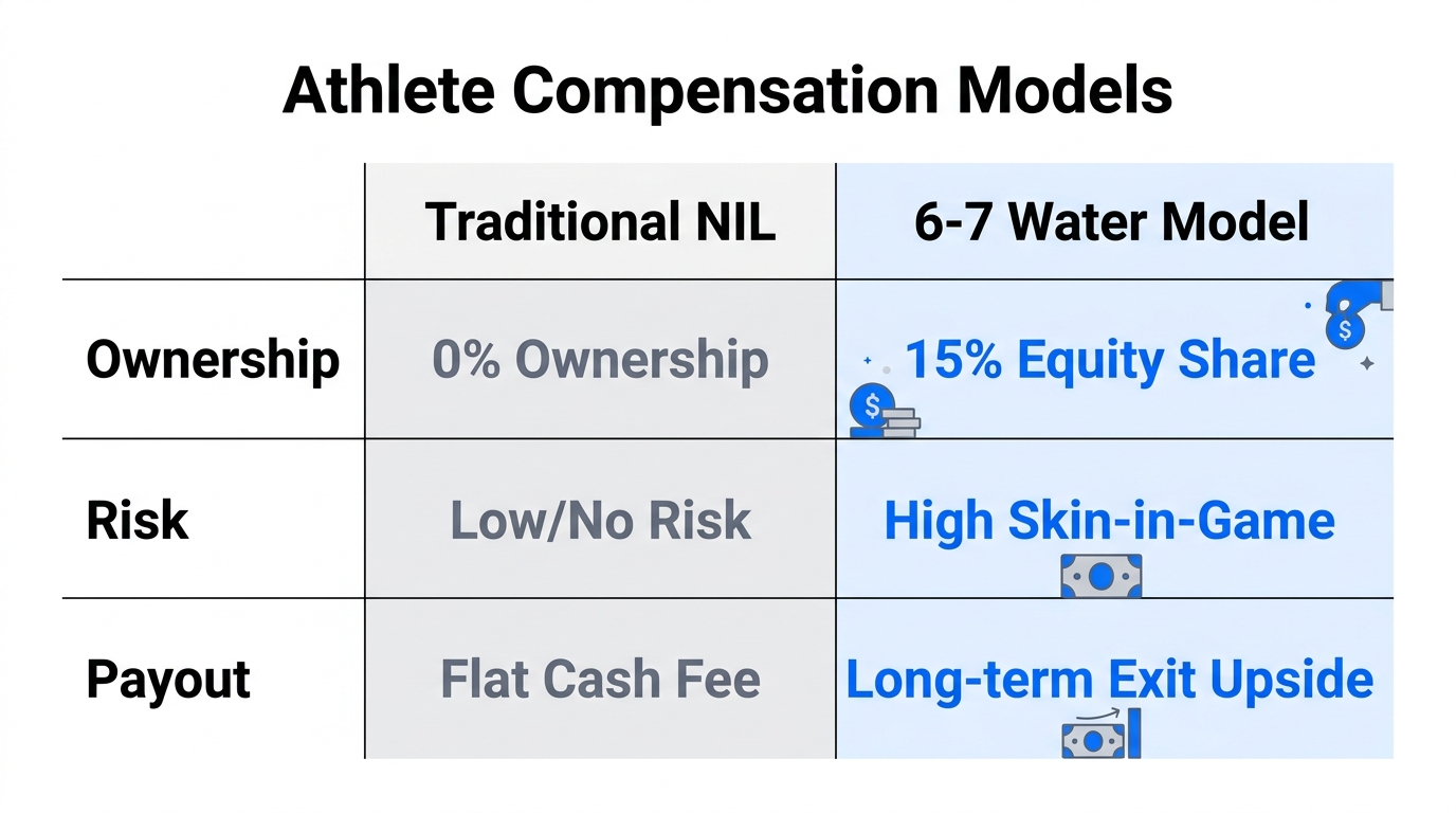 Comparison of traditional NIL cash deals versus the 6-7 Water equity model.