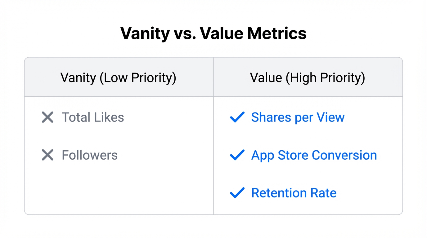 Comparison of vanity metrics versus high-value growth metrics.