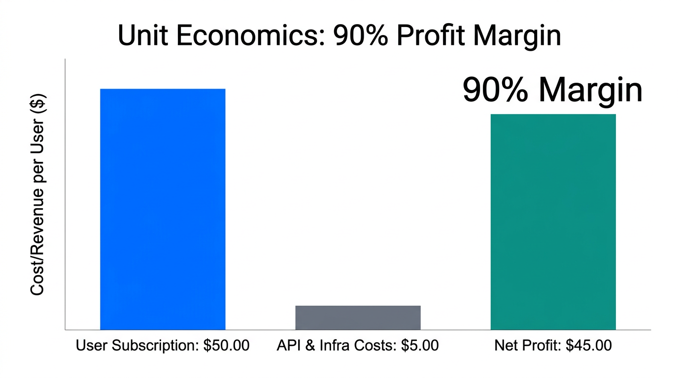 Unit economics breakdown showing 90% profit margins for AI SaaS.