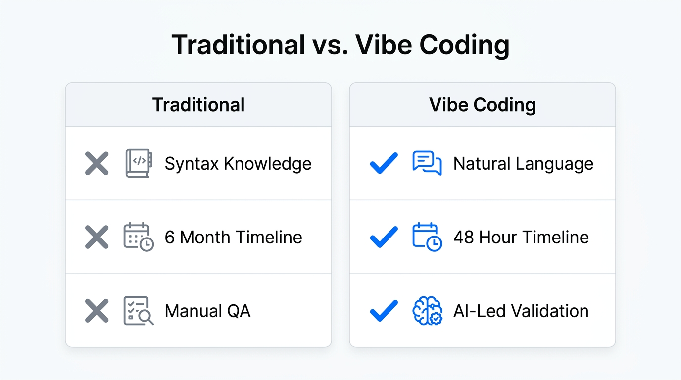 A comparison between traditional software development and modern vibe coding speeds.